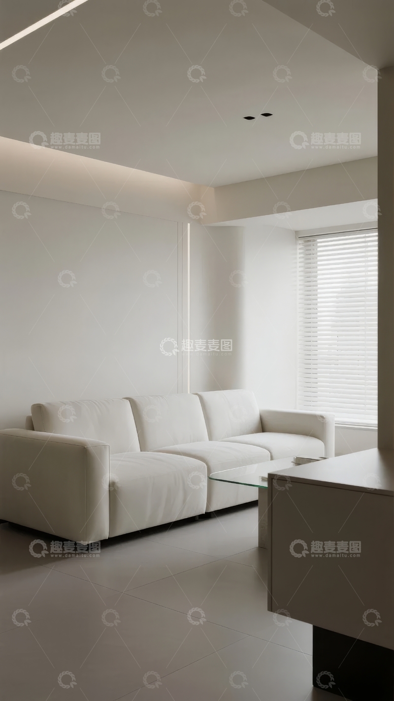 高清大图下载【趣麦麦图】现代简约风格客厅白色沙发与百叶窗设计