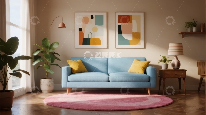 高清大图下载【趣麦麦图】现代客厅中蓝色沙发搭配黄色抱枕和抽象画