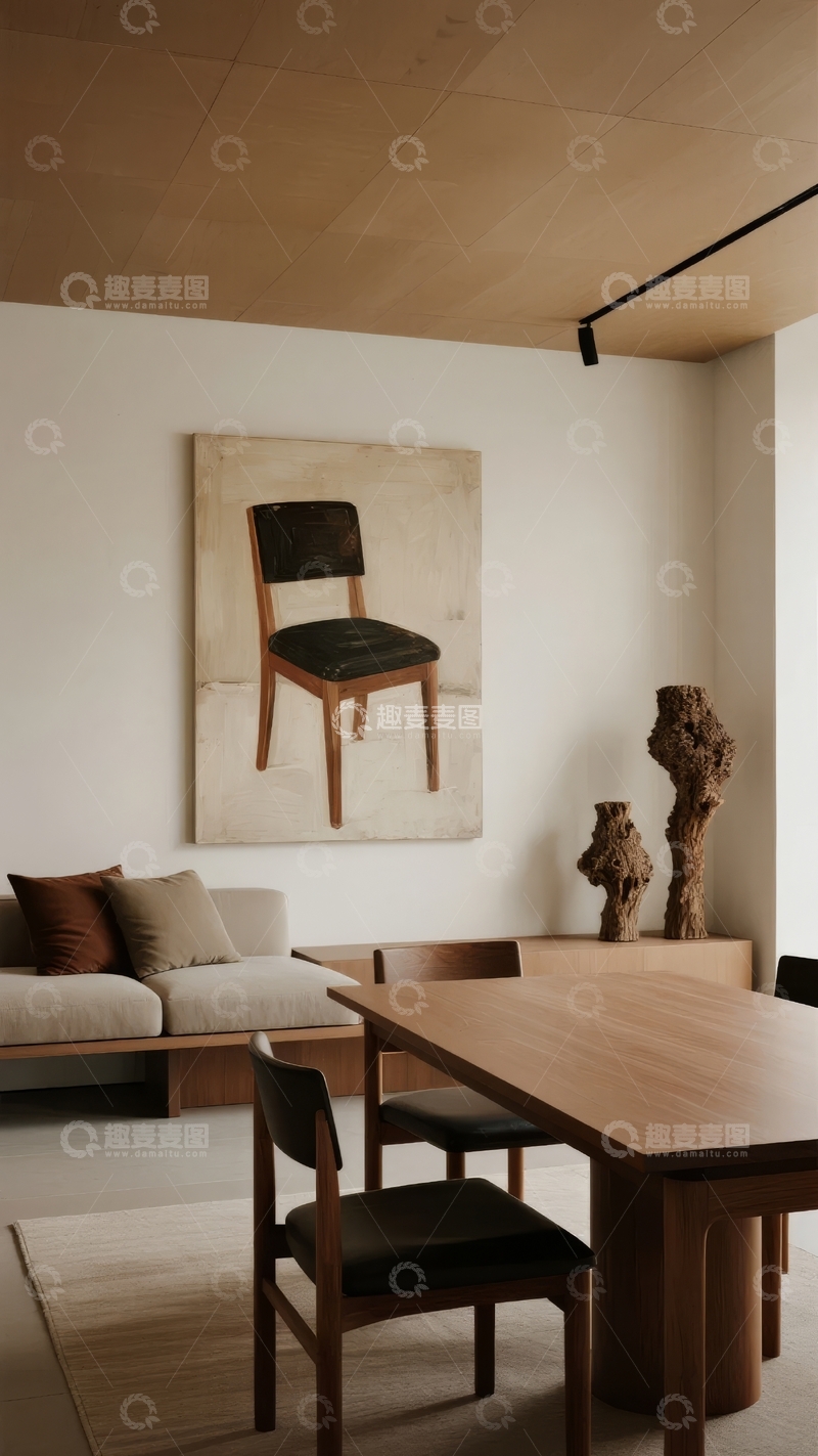 高清大图下载【趣麦麦图】现代简约风格客厅内摆放着艺术画和雕塑