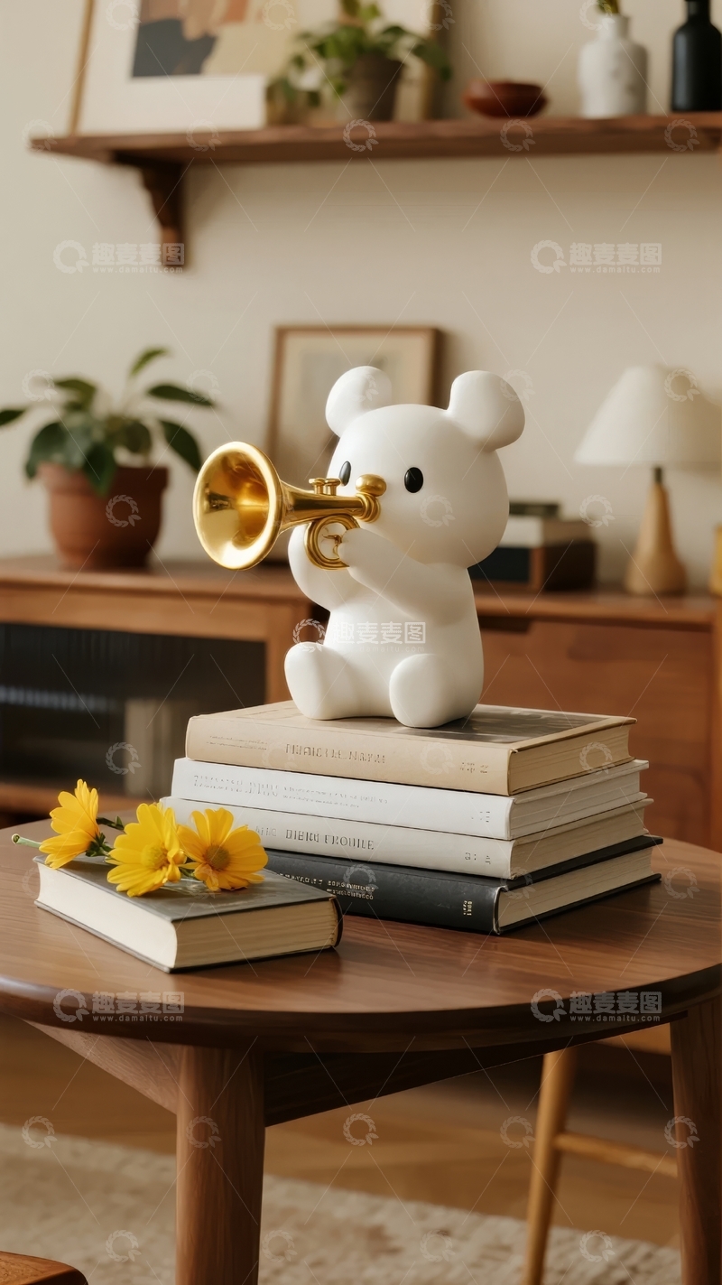 高清大图下载【趣麦麦图】白色小熊吹金色喇叭摆放在书堆上