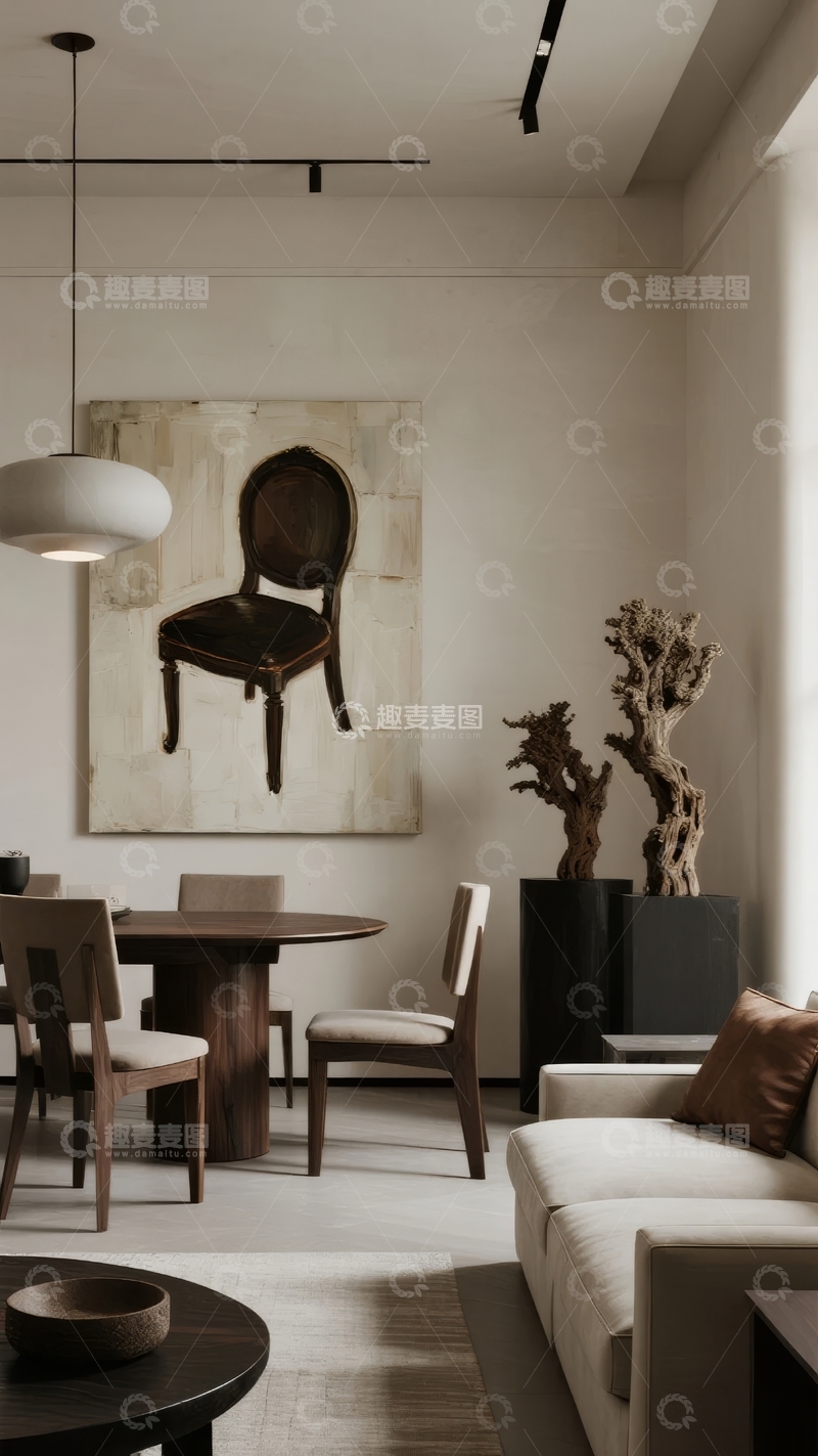 高清大图下载【趣麦麦图】现代简约风格客厅搭配艺术挂画与木质装饰