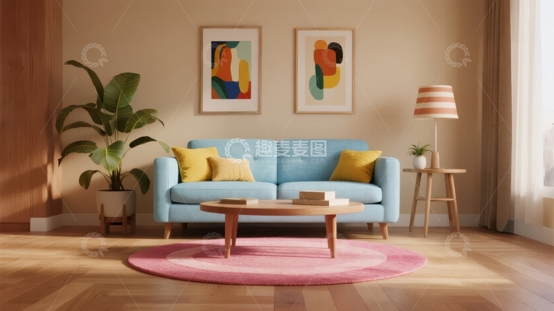高清大图下载【趣麦麦图】现代客厅布置温馨舒适沙发配色彩装饰画