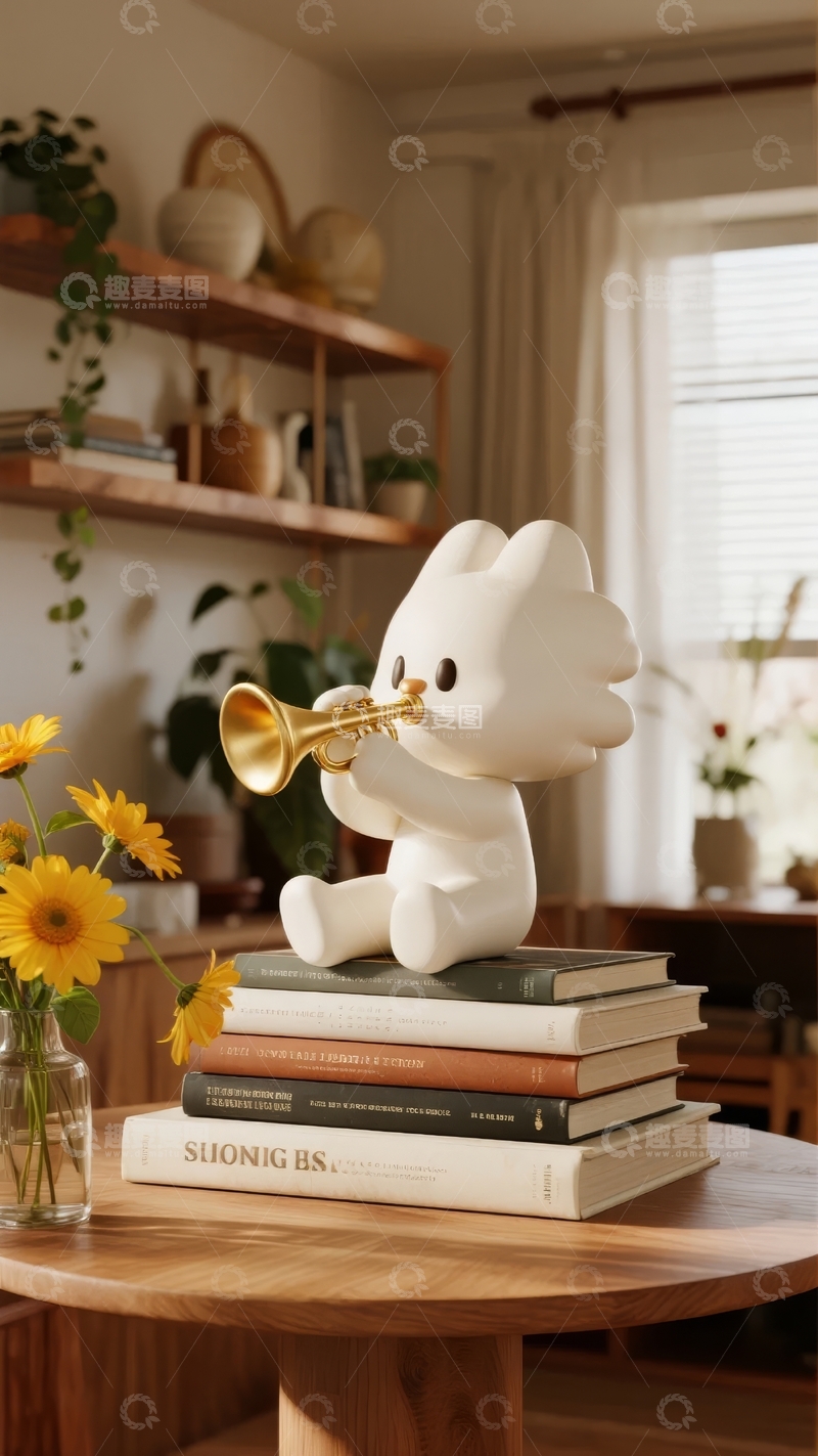 高清大图下载【趣麦麦图】白色卡通动物吹喇叭摆件置于书堆上