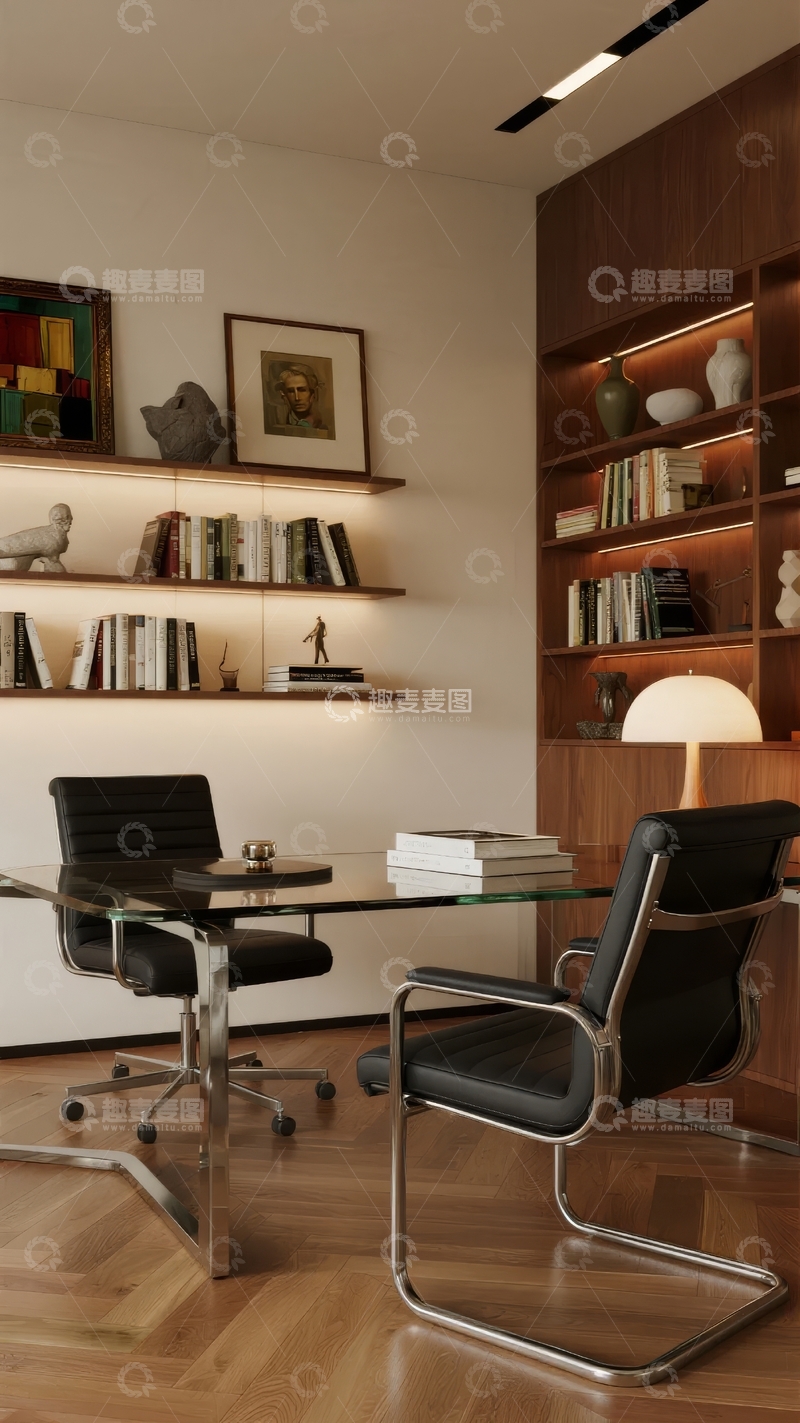 高清大图下载【趣麦麦图】现代简约风格书房内景书桌与书架组合