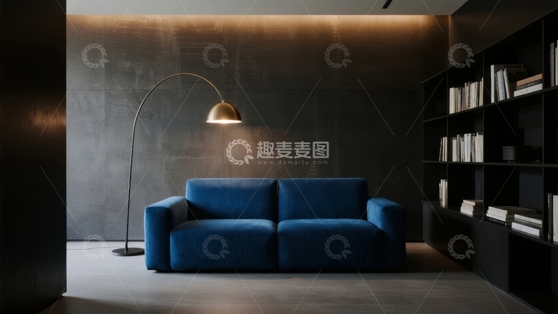高清大图下载【趣麦麦图】现代简约风格客厅蓝色沙发与黑色书架组合