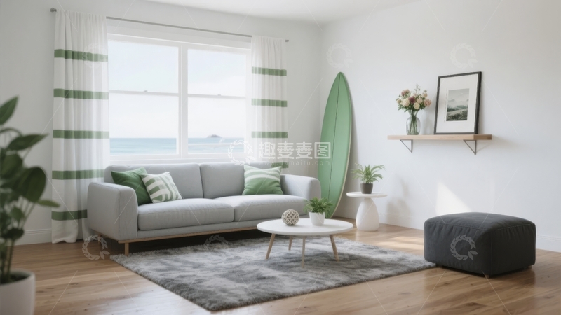 高清大图下载【趣麦麦图】现代简约风格客厅靠窗摆放沙发与装饰品