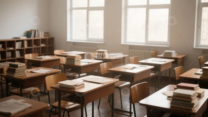 高清大图下载【趣麦麦图】空无一人的教室里摆放着整齐的桌椅和书籍