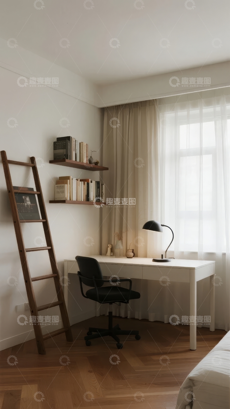 简约风格书房内书桌与置物架组合