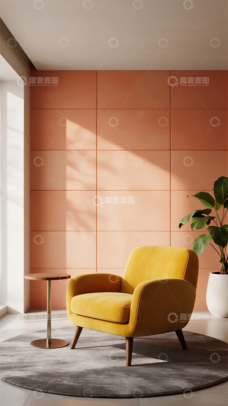 高清大图下载【趣麦麦图】黄色扶手椅置于粉色墙面的现代室内角落
