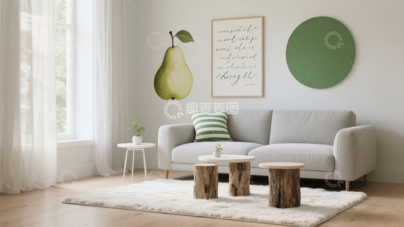 高清大图下载【趣麦麦图】现代简约客厅布置以浅色沙发和绿色装饰为主
