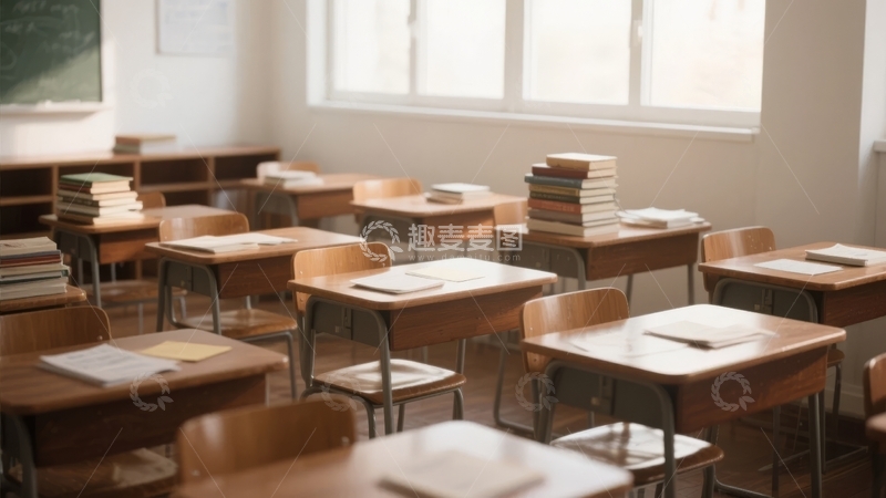 高清大图下载【趣麦麦图】空教室内的木质桌椅和堆叠的书本