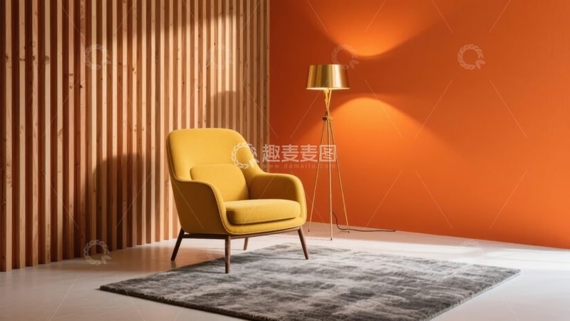 高清大图下载【趣麦麦图】黄色扶手椅与橙色墙面的现代室内角落