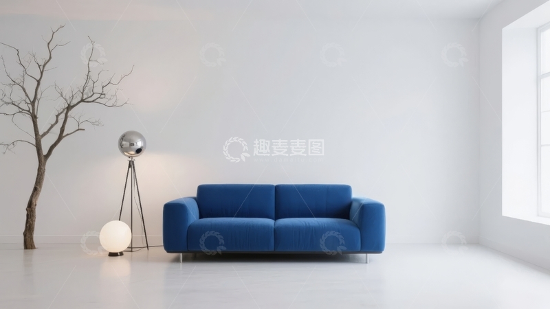 高清大图下载【趣麦麦图】简约现代风格客厅蓝色沙发与装饰树