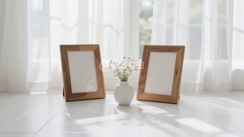 高清大图下载【趣麦麦图】窗边木质相框与花瓶静物摆设
