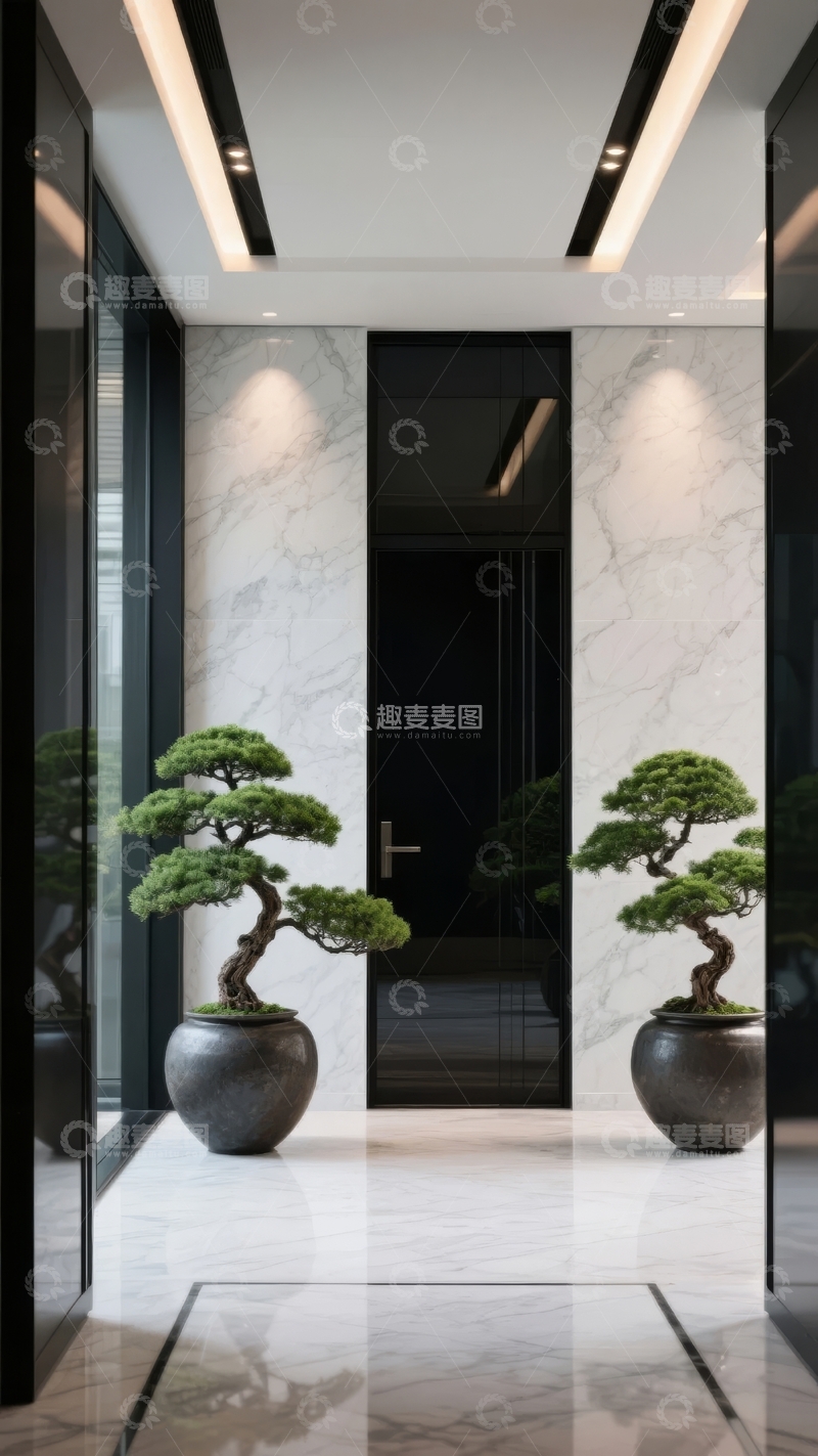 高清大图下载【趣麦麦图】-现代简约风格的室内走廊装饰有盆景和大理石墙面