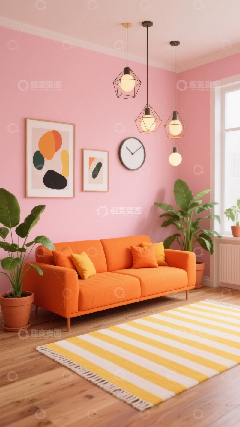 高清大图下载【趣麦麦图】粉色墙面的客厅内摆放着橙色沙发和条纹地毯
