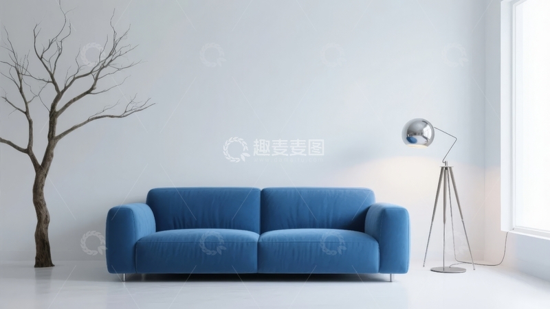 高清大图下载【趣麦麦图】简约现代客厅蓝色沙发与装饰树