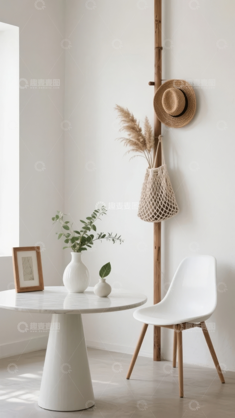 高清大图下载【趣麦麦图】简约现代风格室内一角摆放着白色桌椅和装饰品