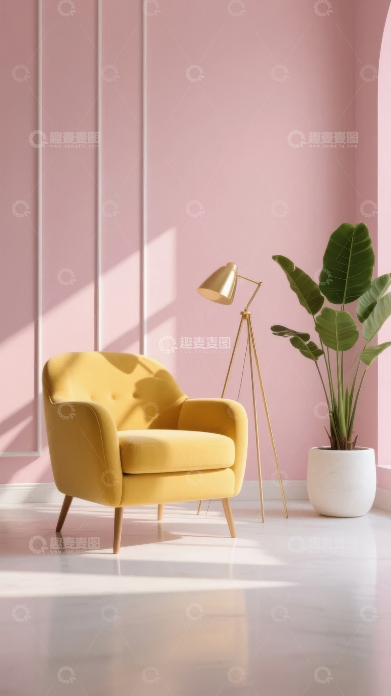 高清大图下载【趣麦麦图】现代简约风格客厅一角摆放着黄色绒面扶手椅和绿植
