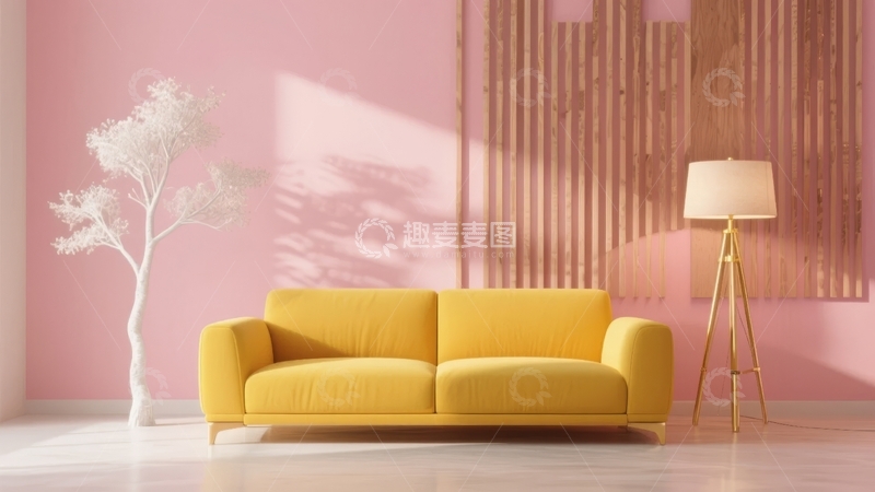 高清大图下载【趣麦麦图】粉色墙面现代客厅摆放黄色沙发与装饰树