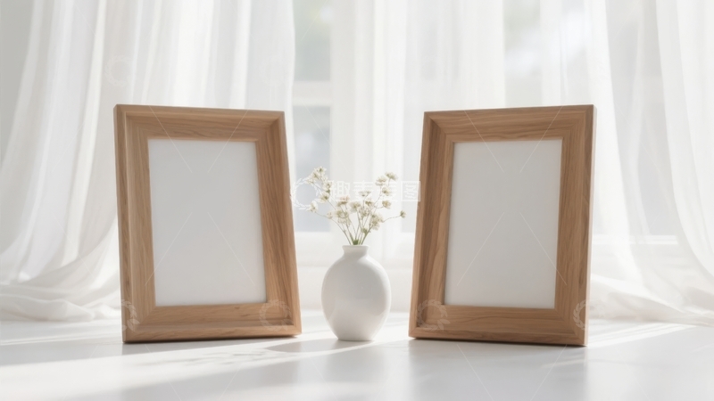 高清大图下载【趣麦麦图】两幅木质相框与花瓶静置于窗边