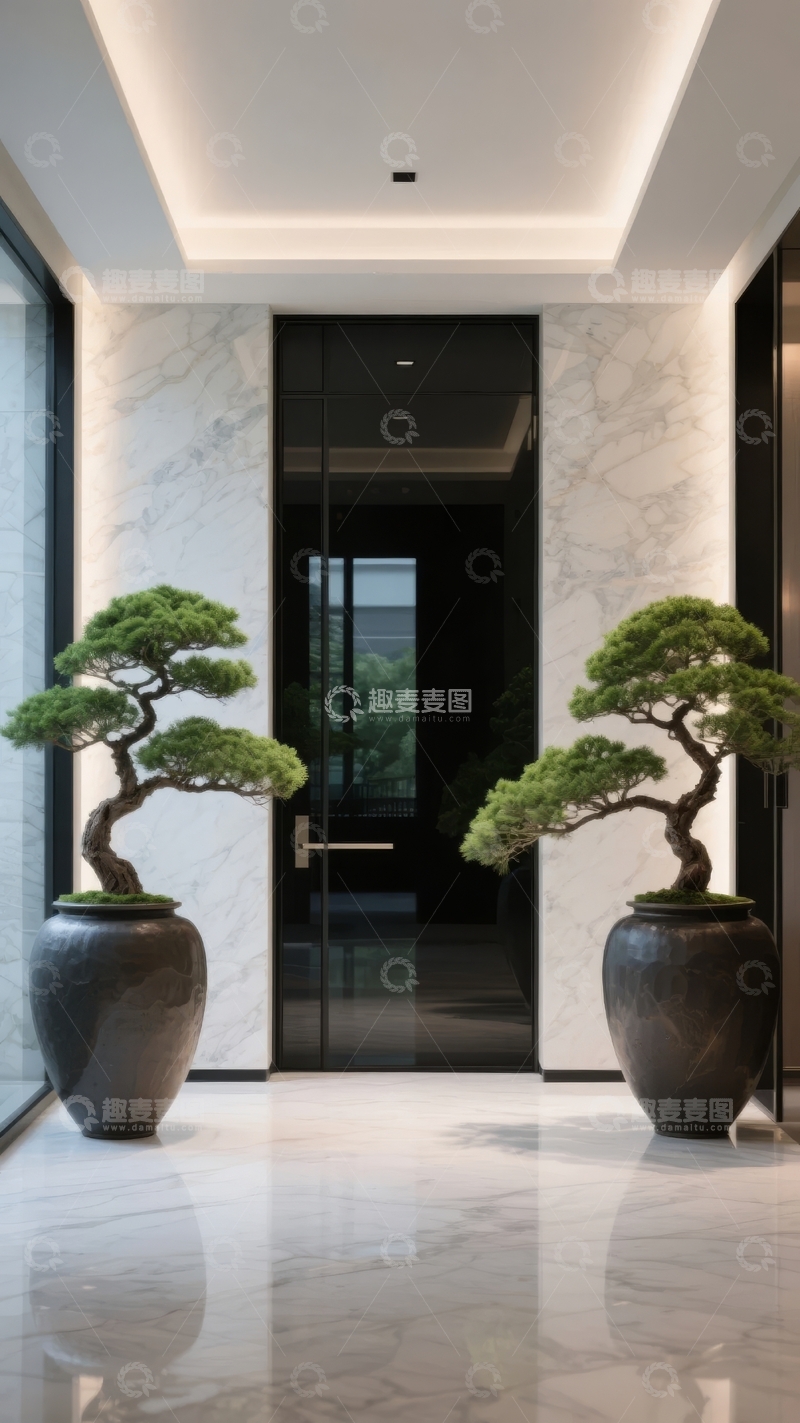 高清大图下载【趣麦麦图】现代简约风格入口走廊摆放两盆盆景