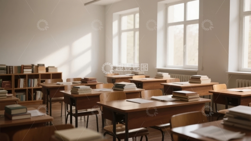 高清大图下载【趣麦麦图】光线充足空无一人的教室课桌堆满书籍