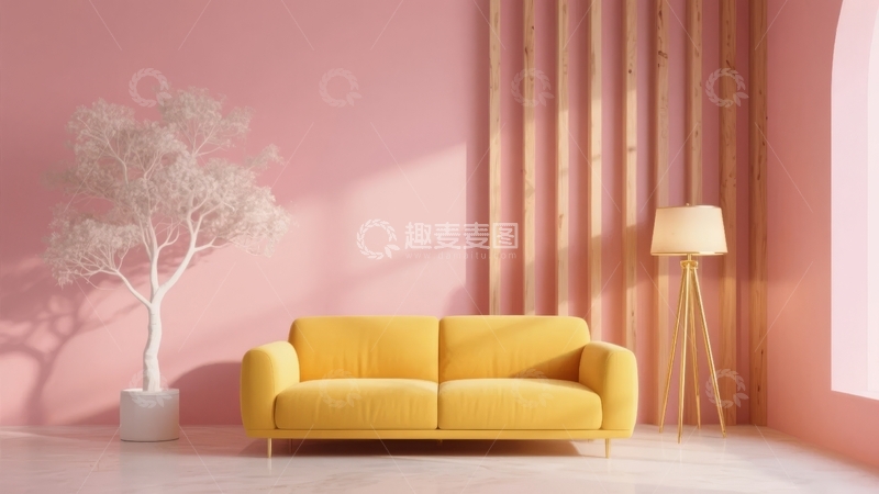 高清大图下载【趣麦麦图】粉色墙面室内空间摆放黄色沙发与装饰树