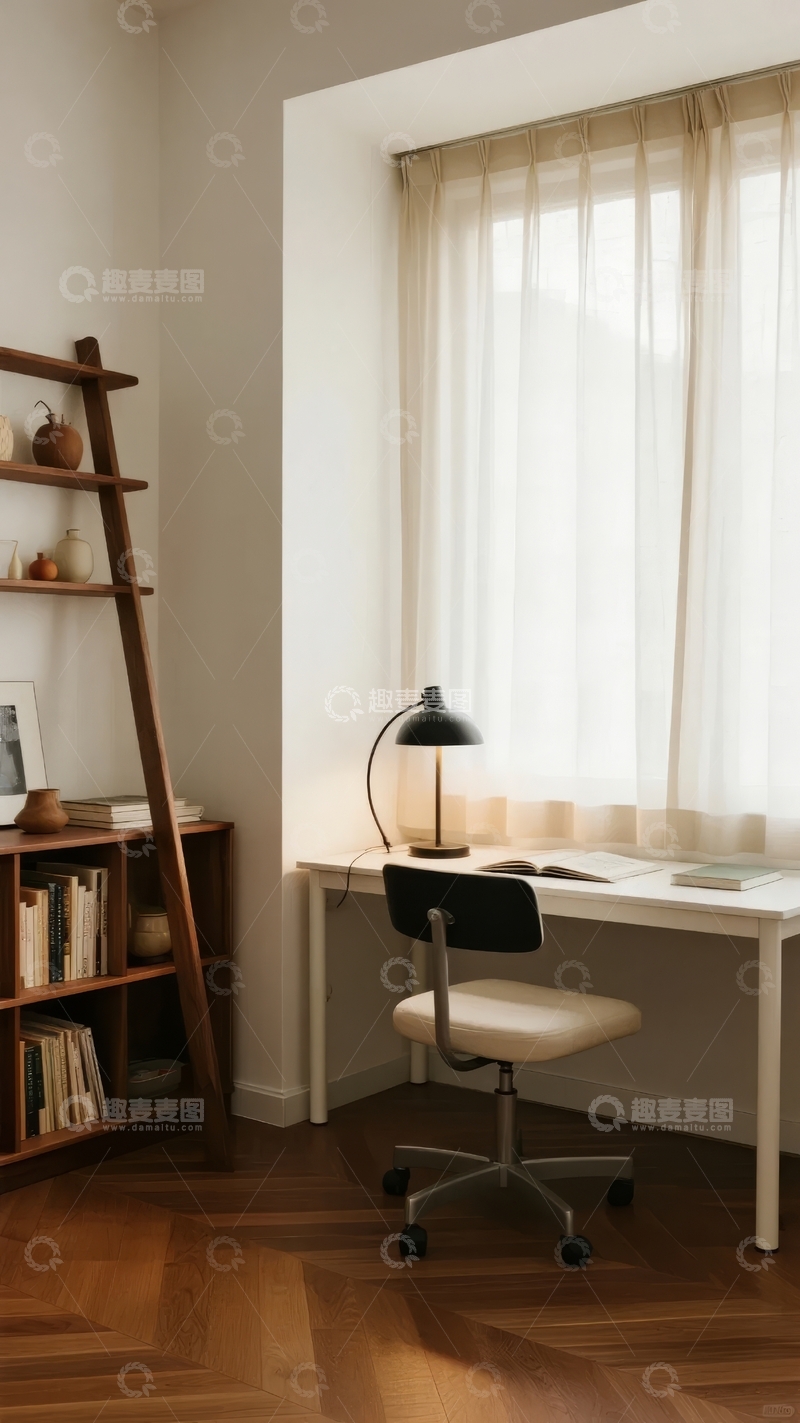 高清大图下载【趣麦麦图】明亮窗户旁的简约书桌与书架角落