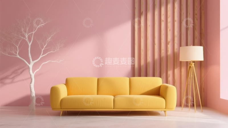高清大图下载【趣麦麦图】粉色墙面现代简约客厅黄色沙发与落地灯