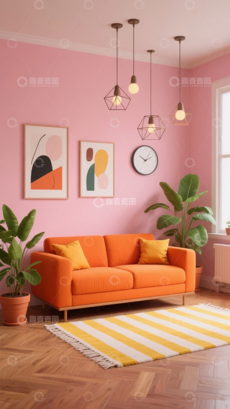 高清大图下载【趣麦麦图】橙色沙发搭配几何挂画的温馨客厅