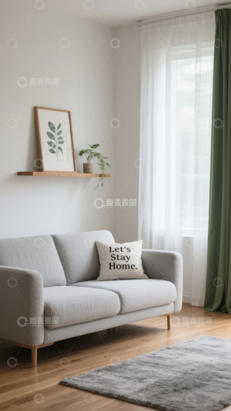 高清大图下载【趣麦麦图】简约客厅一角摆放着灰色沙发和绿色窗帘