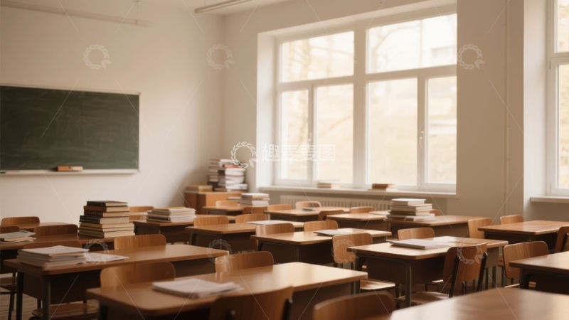 高清大图下载【趣麦麦图】空教室内的木质桌椅与黑板