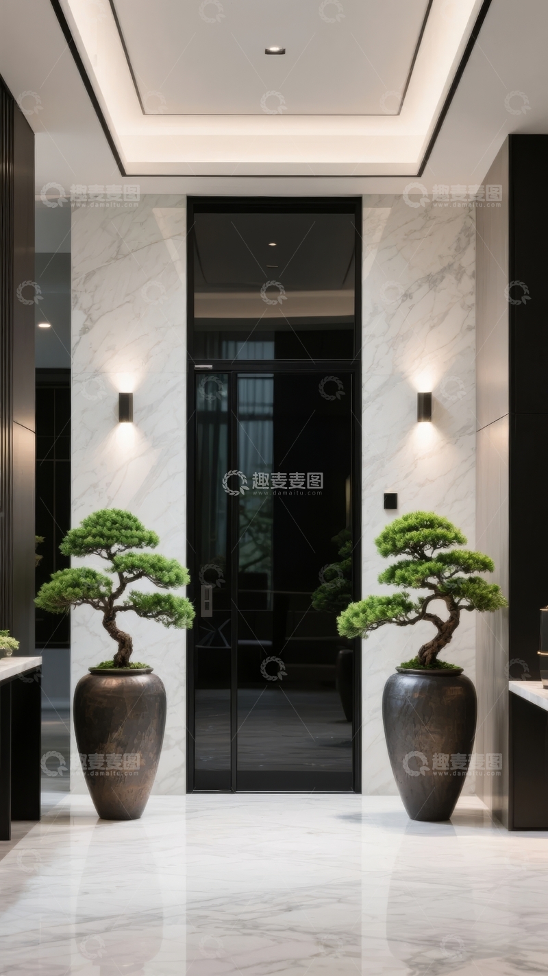 高清大图下载【趣麦麦图】现代简约风格的室内入口装饰有盆景和壁灯