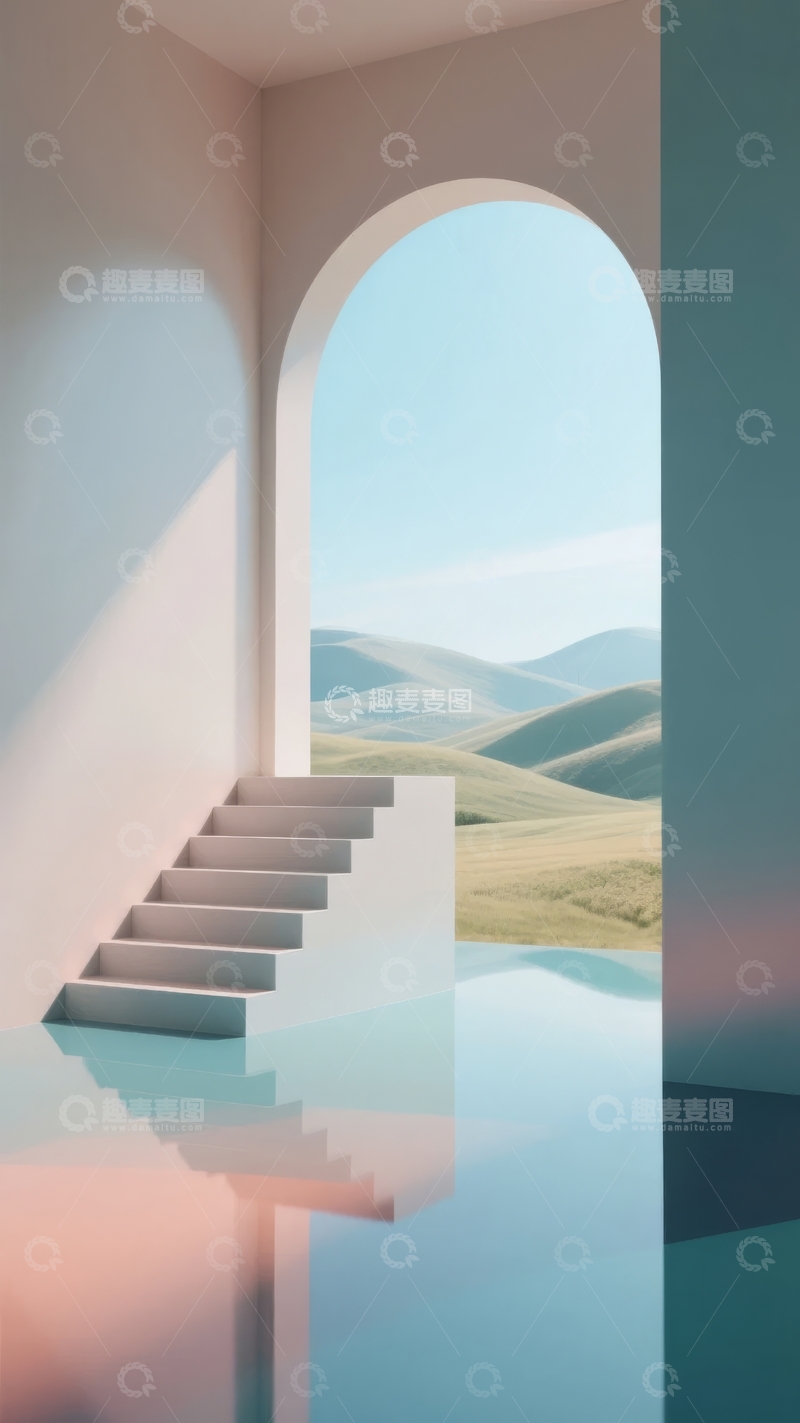 高清大图下载【趣麦麦图】现代建筑拱门下的阶梯与宁静湖景
