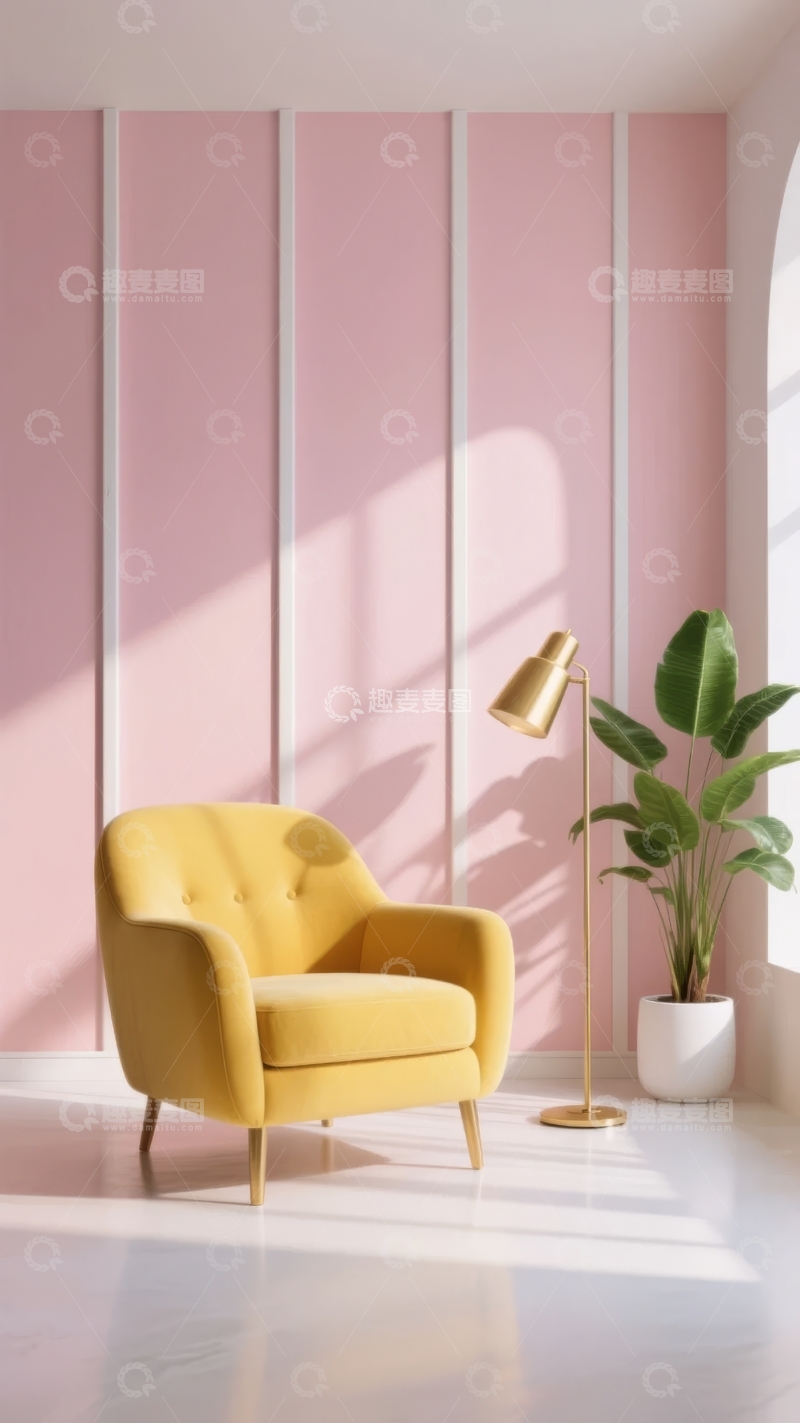 高清大图下载【趣麦麦图】明亮室内黄色扶手椅与绿植装饰