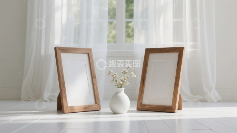 高清大图下载【趣麦麦图】两幅木质相框与花瓶置于明亮窗边的简约室内场景