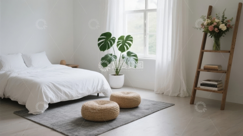 高清大图下载【趣麦麦图】简约白色卧室布置温馨舒适