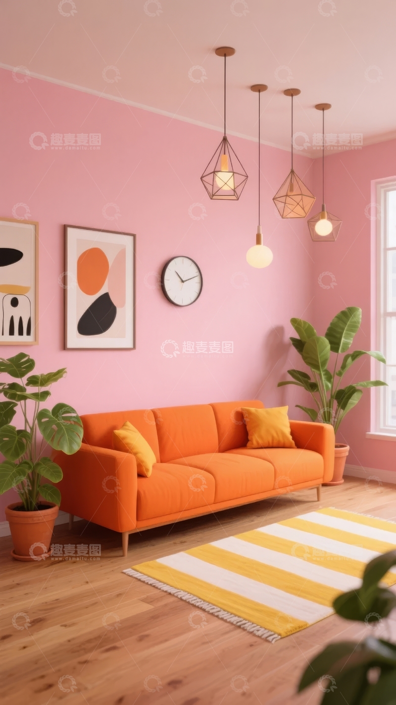 高清大图下载【趣麦麦图】粉色墙面橙色沙发的现代客厅装饰