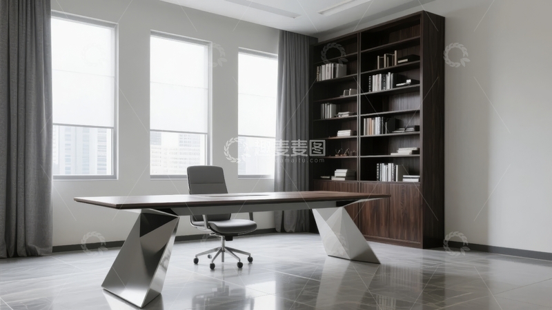 高清大图下载【趣麦麦图】现代简约风格办公室内景配有大书柜和办公桌