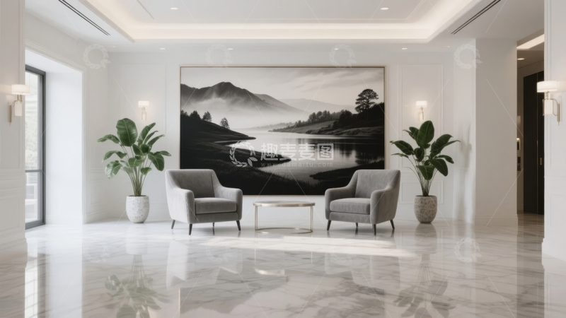 高清大图下载【趣麦麦图】现代简约风格客厅摆放两张扶手椅和大型风景画