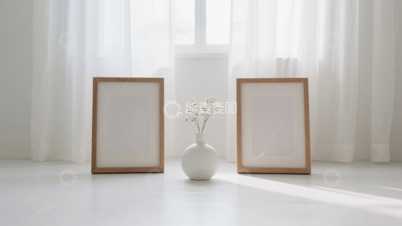 高清大图下载【趣麦麦图】两幅空画框与花瓶置于明亮窗前的简约室内场景