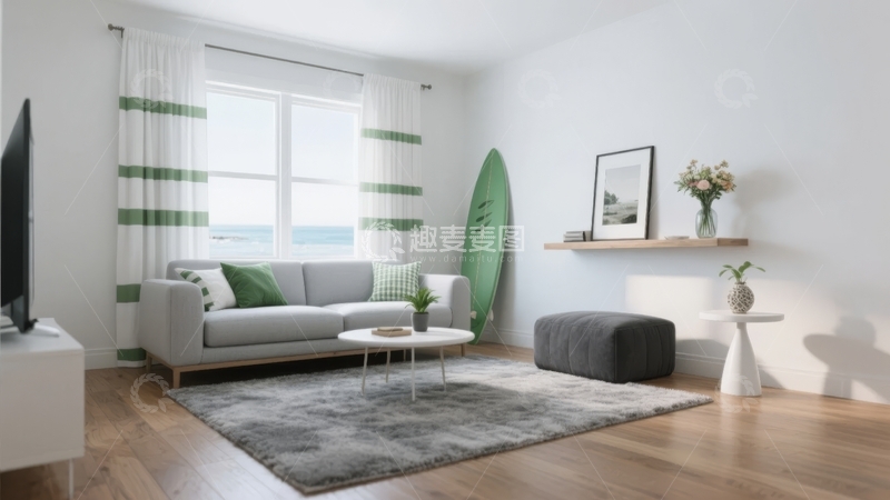 高清大图下载【趣麦麦图】现代简约风格客厅布置窗边绿条纹窗帘与冲浪板装饰