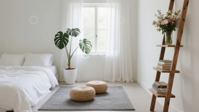高清大图下载【趣麦麦图】明亮简约卧室摆放绿植与梯架书柜