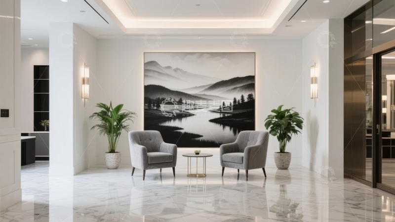 高清大图下载【趣麦麦图】现代简约风格客厅摆放两张灰色沙发和大型风景画