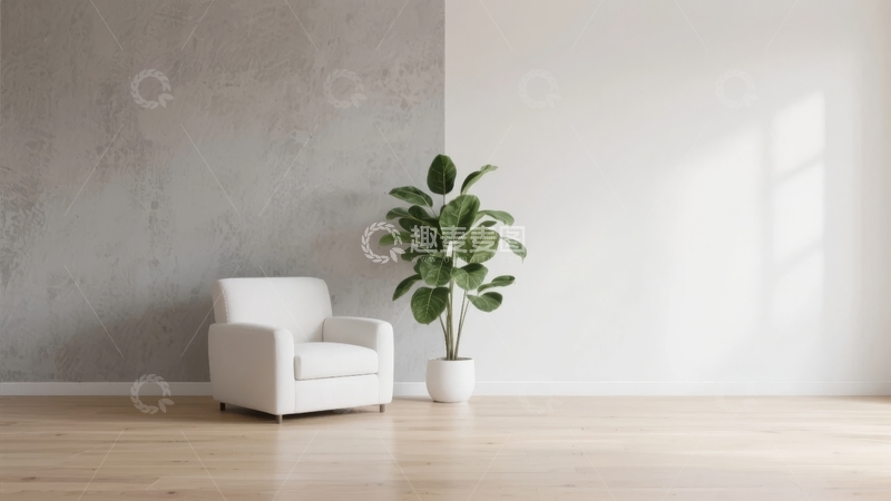 高清大图下载【趣麦麦图】简约室内一角摆放着白色扶手椅和绿植