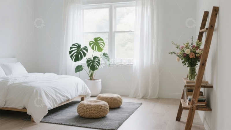 高清大图下载【趣麦麦图】简约卧室窗边摆放绿植与编织坐垫