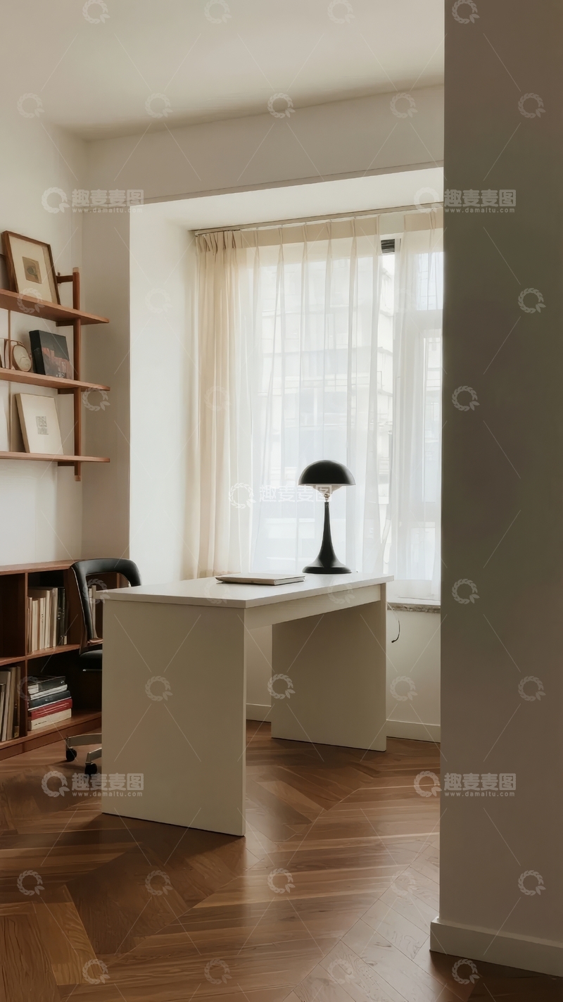 高清大图下载【趣麦麦图】简约风格书房角落配以书架和台灯