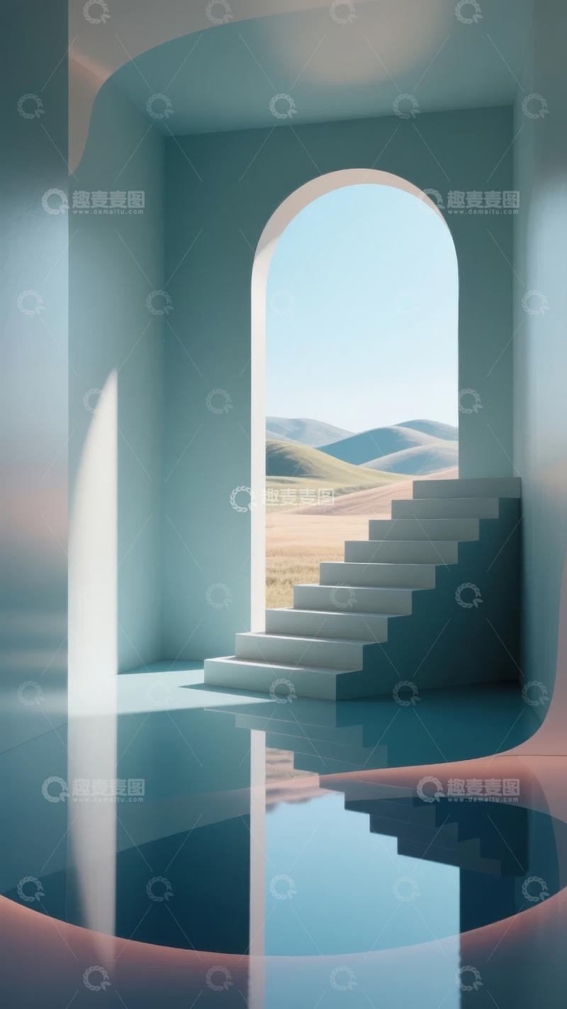 高清大图下载【趣麦麦图】拱门阶梯通向远方山丘的梦幻室内景观