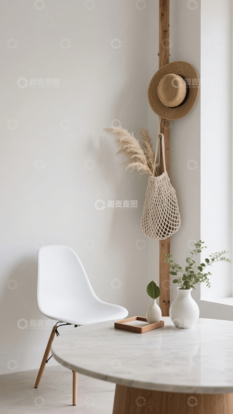 高清大图下载【趣麦麦图】简约室内角落摆放帽子与装饰植物